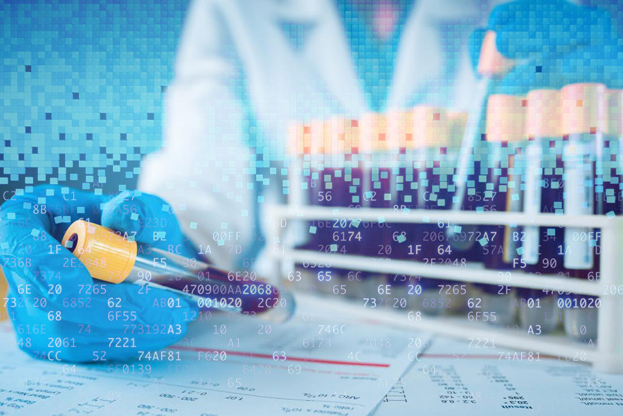 gloved hand holds yellow capped test tube in front of rack of samples